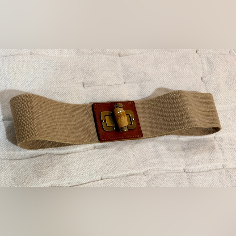 Anthropologie Beige Waist Belt with Wood-Tone Buckle
